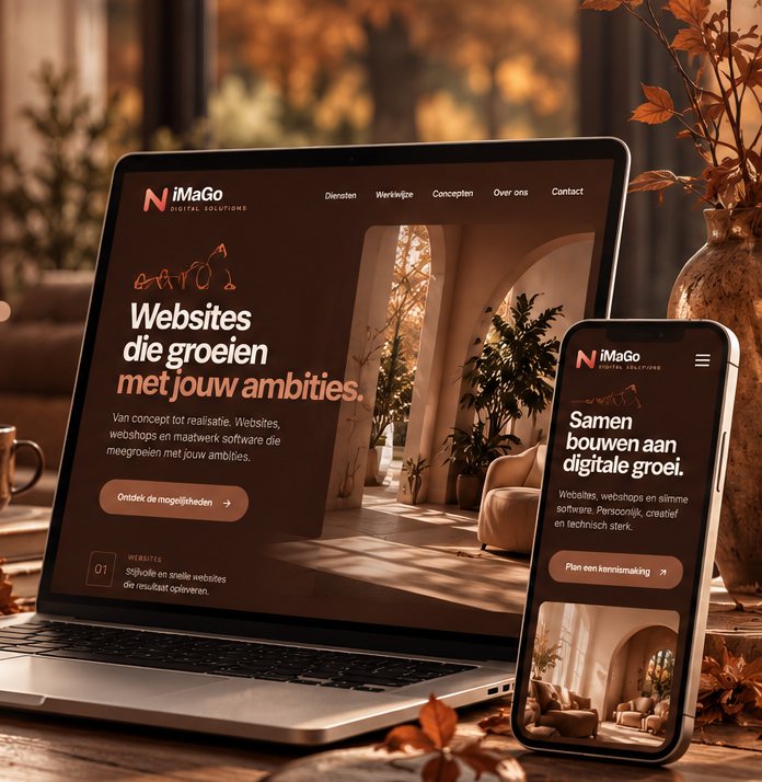 Laptop and phone showing a NiMaGo website design on a wooden desk in warm autumn light